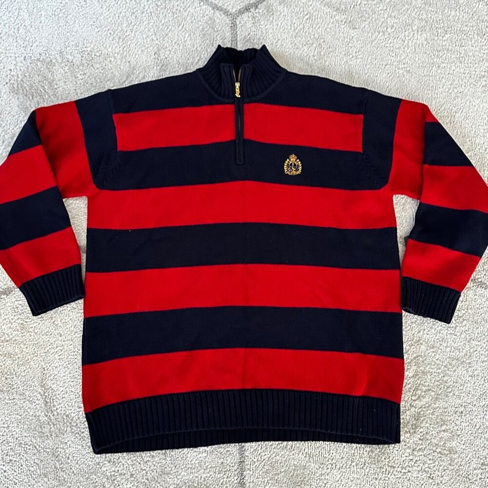 NWT Ralph Lauren Blue/Red Stripe Mock Neck Sweater Embroidered Crest Sz XL